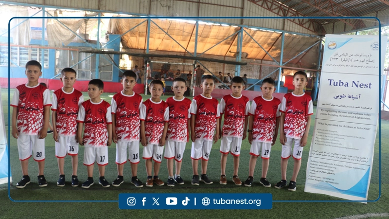 Children participating in a sports and recreational program organized by Tuba Nest in Taloqan, including football activities and a joyful Shir Yakh treat, promoting health, happiness, and child development.